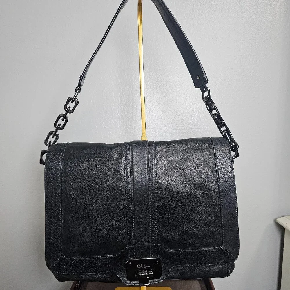 Cole Haan Black Leather & Snakeskin Embossed Flap Shoulder Bag Gunmetal Hardware - Picture 2 of 6